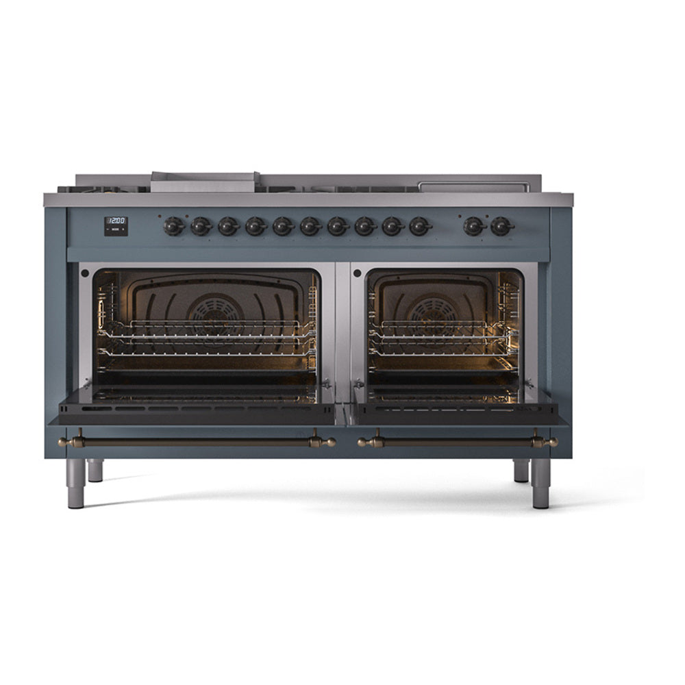 ILVE Nostalgie II Noblesse 60-Inch Natural Gas Dual Fuel Range, 7 Burners, French Top, Blue Grey with Bronze Trim (UN60FSQNMPBGB)