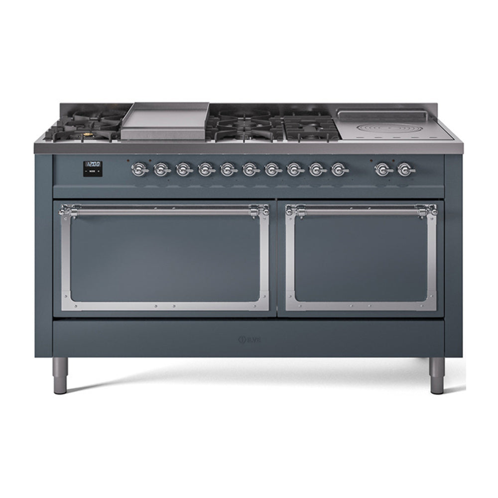 ILVE Nostalgie II Noblesse 60-Inch Propane Dual Fuel Range, 7 Burners, French Top, Blue Grey with Chrome Trim (UN60FSQNMPBGCLP)