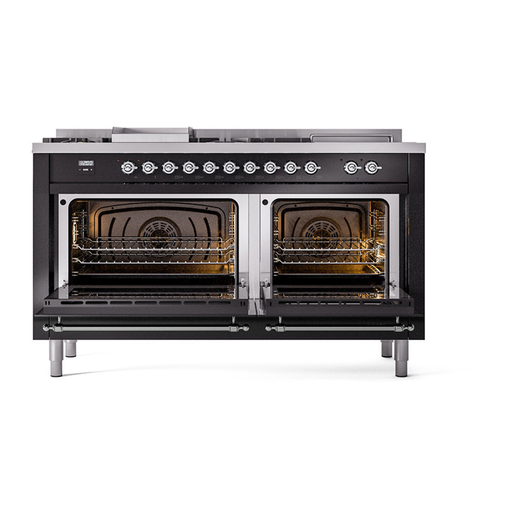 ILVE Nostalgie II Noblesse 60-Inch Propane Dual Fuel Range, 7 Burners, French Top, Glossy Black with Chrome Trim (UN60FSQNMPBKCLP)