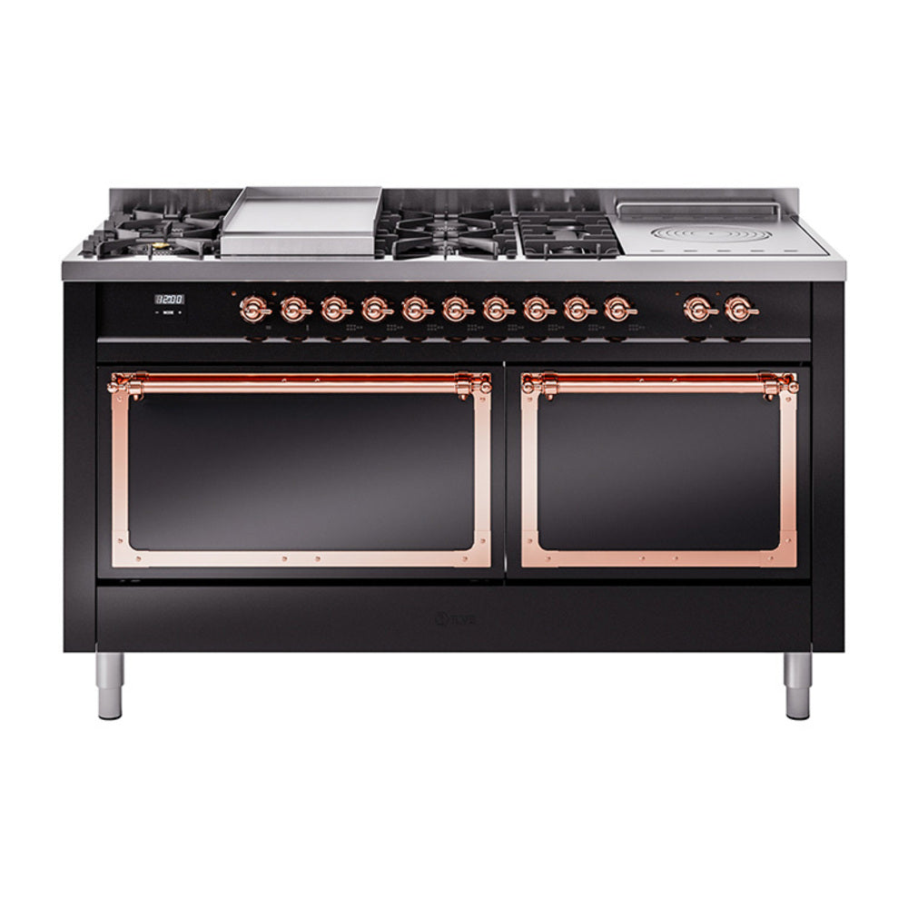ILVE Nostalgie II Noblesse 60-Inch Propane Dual Fuel Range, 7 Burners, French Top, Glossy Black with Copper Trim (UN60FSQNMPBKPLP)