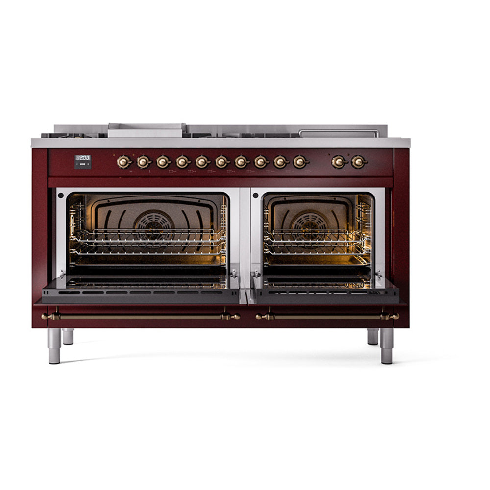 ILVE Nostalgie II Noblesse 60-Inch Natural Gas Dual Fuel Range, 7 Burners, French Top, Burgundy with Bronze Trim (UN60FSQNMPBUB)