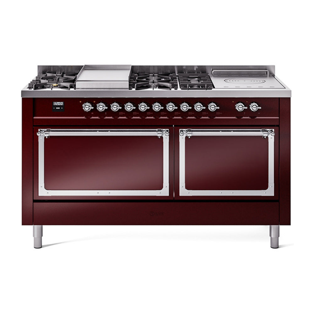 ILVE Nostalgie II Noblesse 60-Inch Propane Dual Fuel Range, 7 Burners, French Top, Burgundy with Chrome Trim (UN60FSQNMPBUCLP)