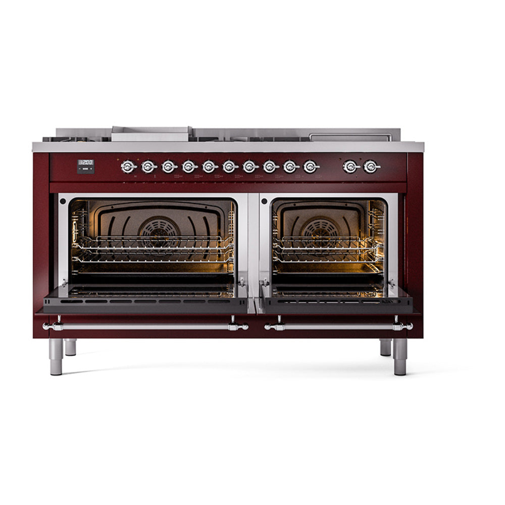 ILVE Nostalgie II Noblesse 60-Inch Propane Dual Fuel Range, 7 Burners, French Top, Burgundy with Chrome Trim (UN60FSQNMPBUCLP)