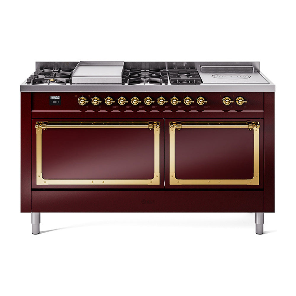 ILVE Nostalgie II Noblesse 60-Inch Natural Gas Dual Fuel Range, 7 Burners, French Top, Burgundy with Brass Trim (UN60FSQNMPBUG)