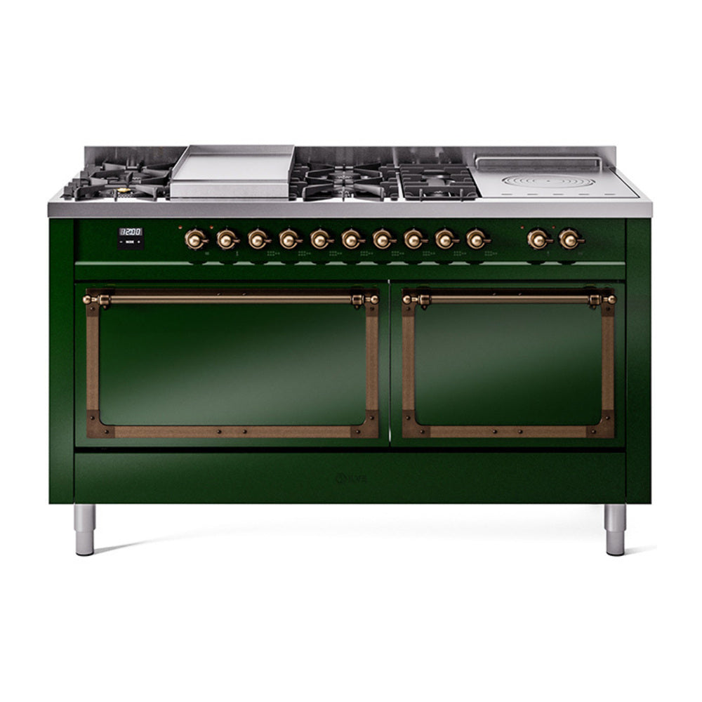 ILVE Nostalgie II Noblesse 60-Inch Propane Dual Fuel Range, 7 Burners, French Top, Emerald Green with Burnished Bronze Trim (UN60FSQNMPEGBLP)