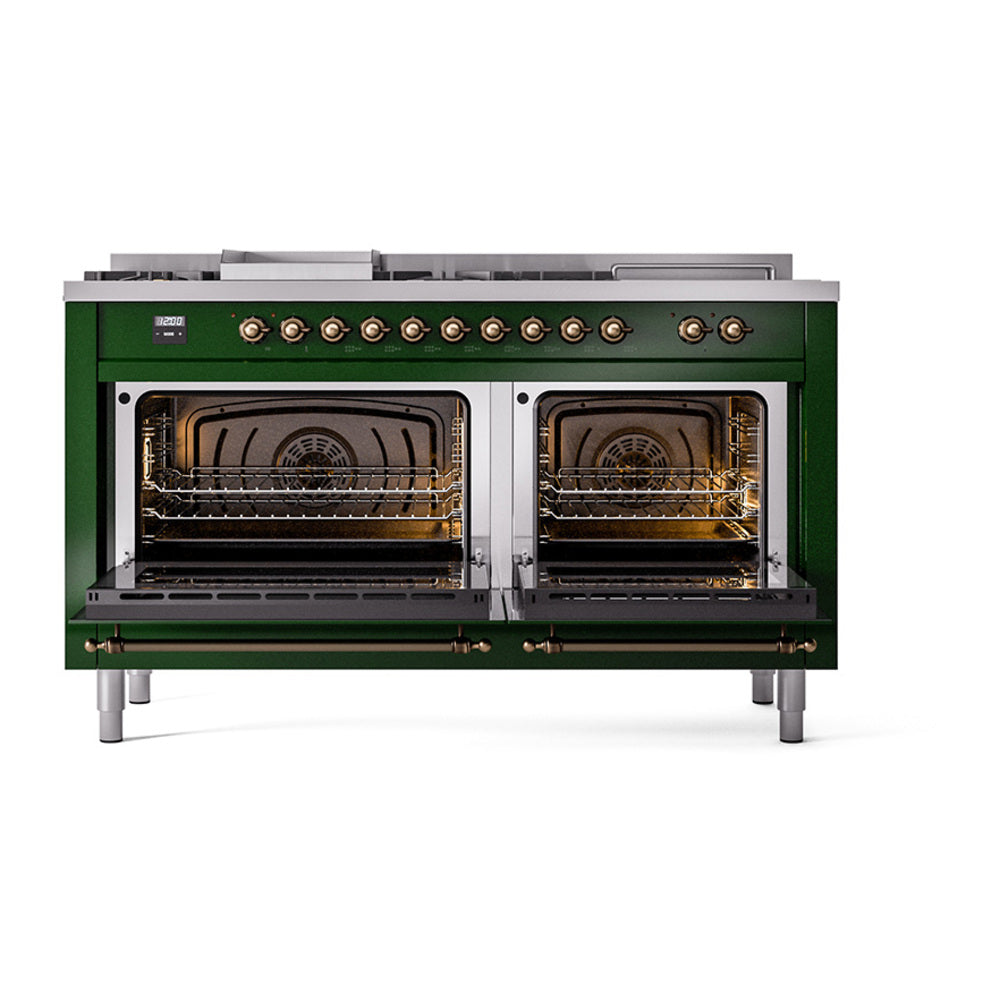 ILVE Nostalgie II Noblesse 60-Inch Propane Dual Fuel Range, 7 Burners, French Top, Emerald Green with Burnished Bronze Trim (UN60FSQNMPEGBLP)