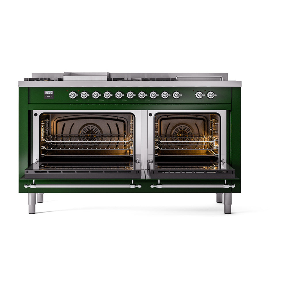 ILVE Nostalgie II Noblesse 60-Inch Propane Dual Fuel Range, 7 Burners, French Top, Emerald Green with Chrome Trim (UN60FSQNMPEGCLP)