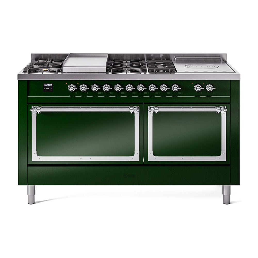 ILVE Nostalgie II Noblesse 60-Inch Propane Dual Fuel Range, 7 Burners, French Top, Emerald Green with Chrome Trim (UN60FSQNMPEGCLP)