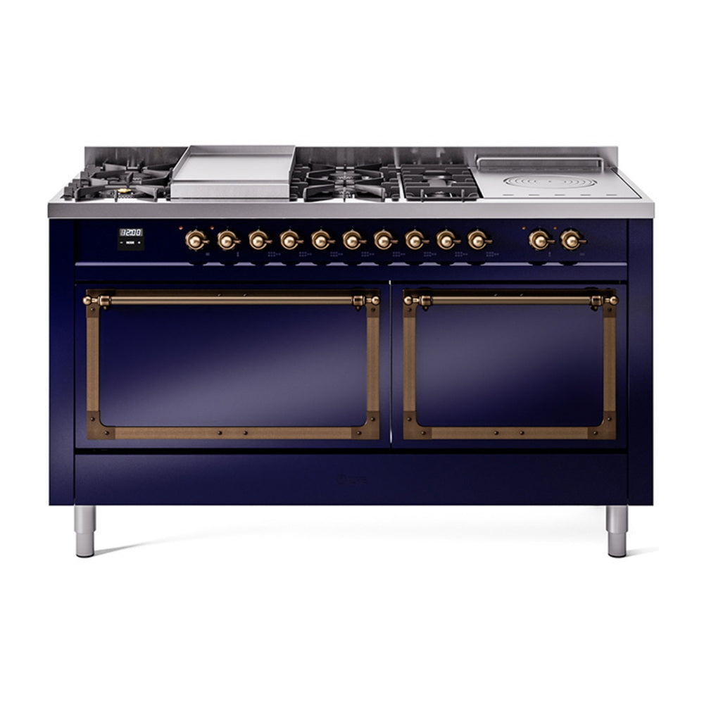 ILVE Nostalgie II Noblesse 60-Inch Natural Gas Dual Fuel Range, 7 Burners, French Top, Midnight Blue with Bronze Trim (UN60FSQNMPMBB)