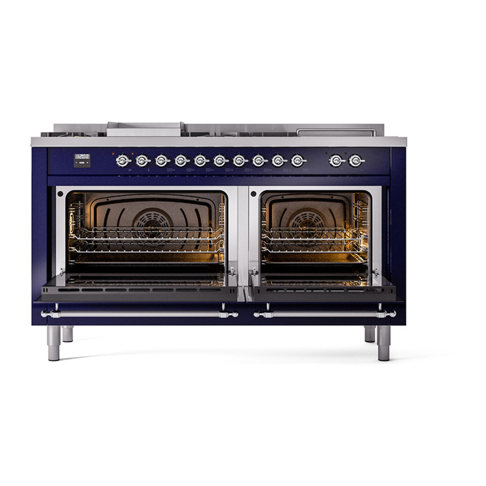 ILVE Nostalgie II Noblesse 60-Inch Natural Gas Dual Fuel Range, 7 Burners, French Top, Midnight Blue with Chrome Trim (UN60FSQNMPMBC)
