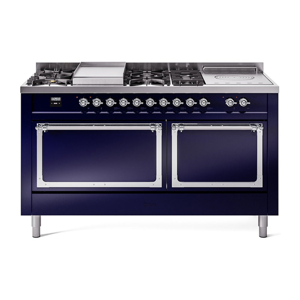 ILVE Nostalgie II Noblesse 60-Inch Natural Gas Dual Fuel Range, 7 Burners, French Top, Midnight Blue with Chrome Trim (UN60FSQNMPMBC)