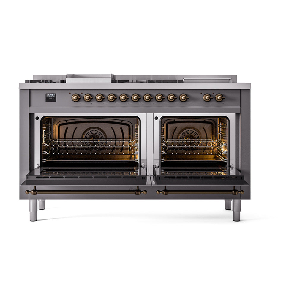 ILVE Nostalgie II Noblesse 60-Inch Propane Dual Fuel Range, 7 Burners, French Top, Matte Graphite with Burnished Bronze Trim (UN60FSQNMPMGBLP)