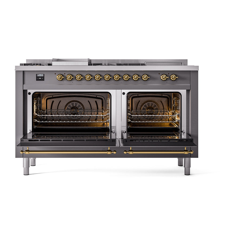 ILVE Nostalgie II Noblesse 60-Inch Natural Gas Dual Fuel Range, 7 Burners, Griddle, French Top, Matte Graphite with Brass Trim (UN60FSQNMPMGG)