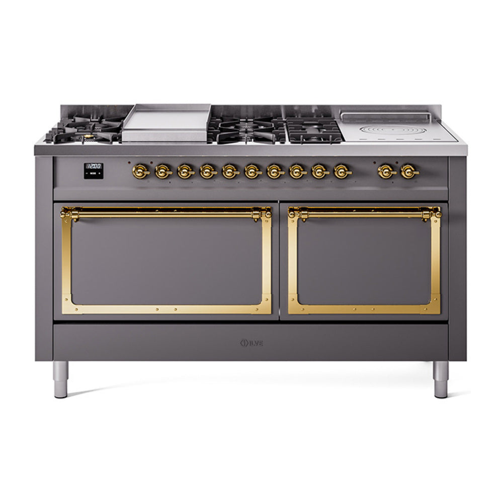 ILVE Nostalgie II Noblesse 60-Inch Natural Gas Dual Fuel Range, 7 Burners, Griddle, French Top, Matte Graphite with Brass Trim (UN60FSQNMPMGG)