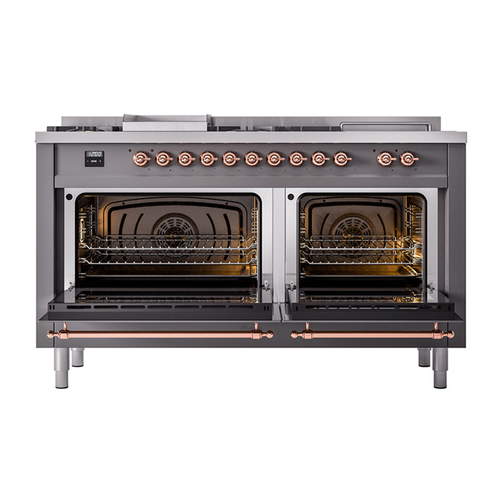 ILVE Nostalgie II Noblesse 60-Inch Natural Gas Dual Fuel Range, 7 Burners, French Top, Matte Graphite with Copper Trim (UN60FSQNMPMGP)