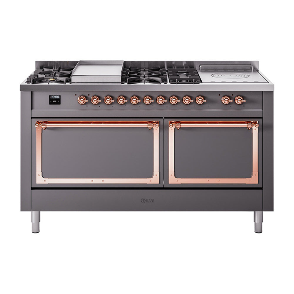 ILVE Nostalgie II Noblesse 60-Inch Natural Gas Dual Fuel Range, 7 Burners, French Top, Matte Graphite with Copper Trim (UN60FSQNMPMGP)