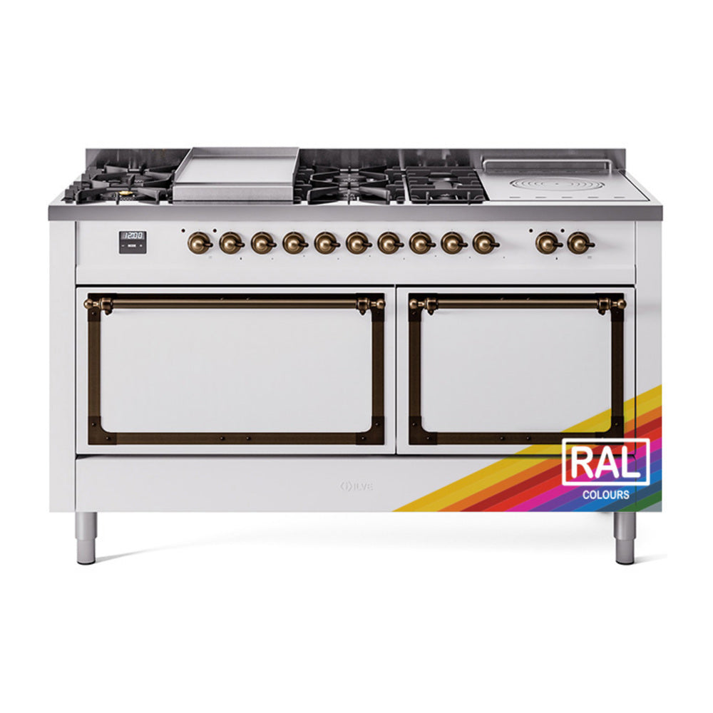 ILVE Nostalgie II Noblesse 60-Inch Natural Gas Dual Fuel Range, 7 Burners, French Top, Custom RAL with Bronze Trim (UN60FSQNMPRAB)