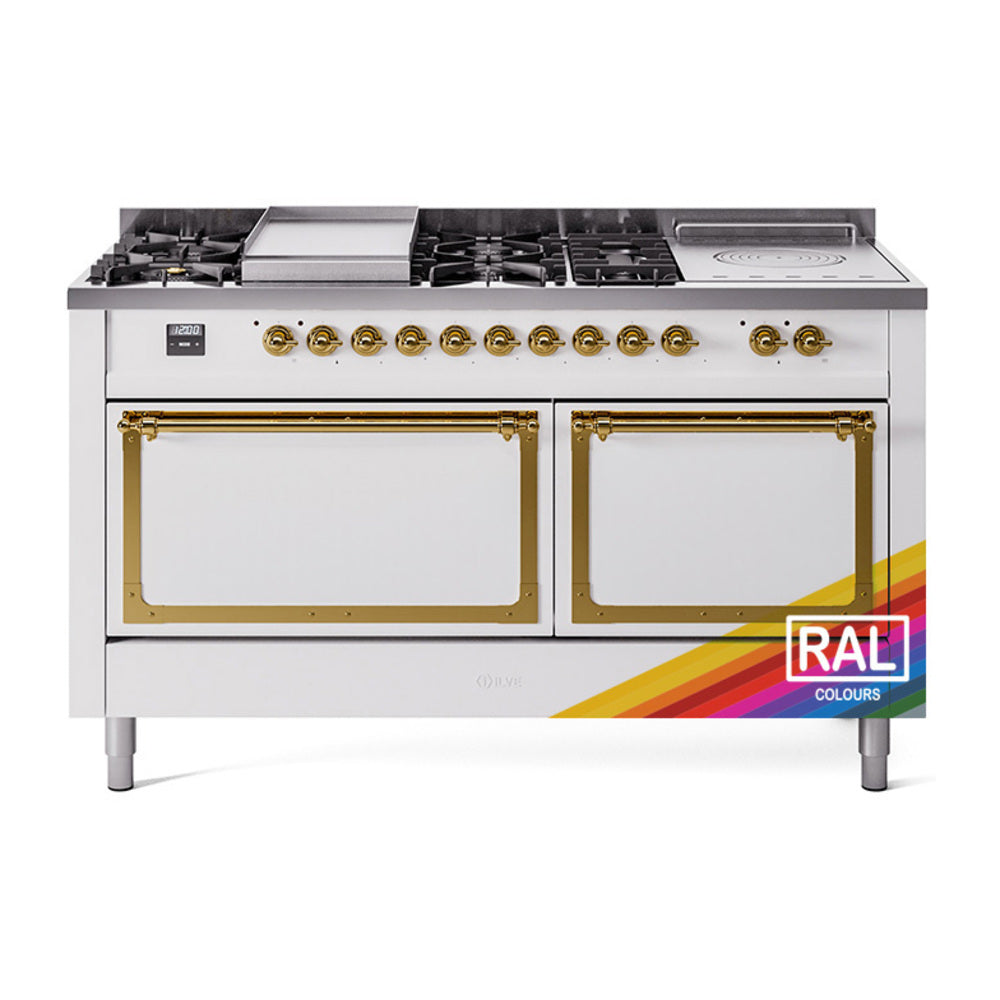 ILVE Nostalgie II Noblesse 60-Inch Natural Gas Dual Fuel Range, 7 Burners, French Top, RAL with Brass Trim (UN60FSQNMPRAG)