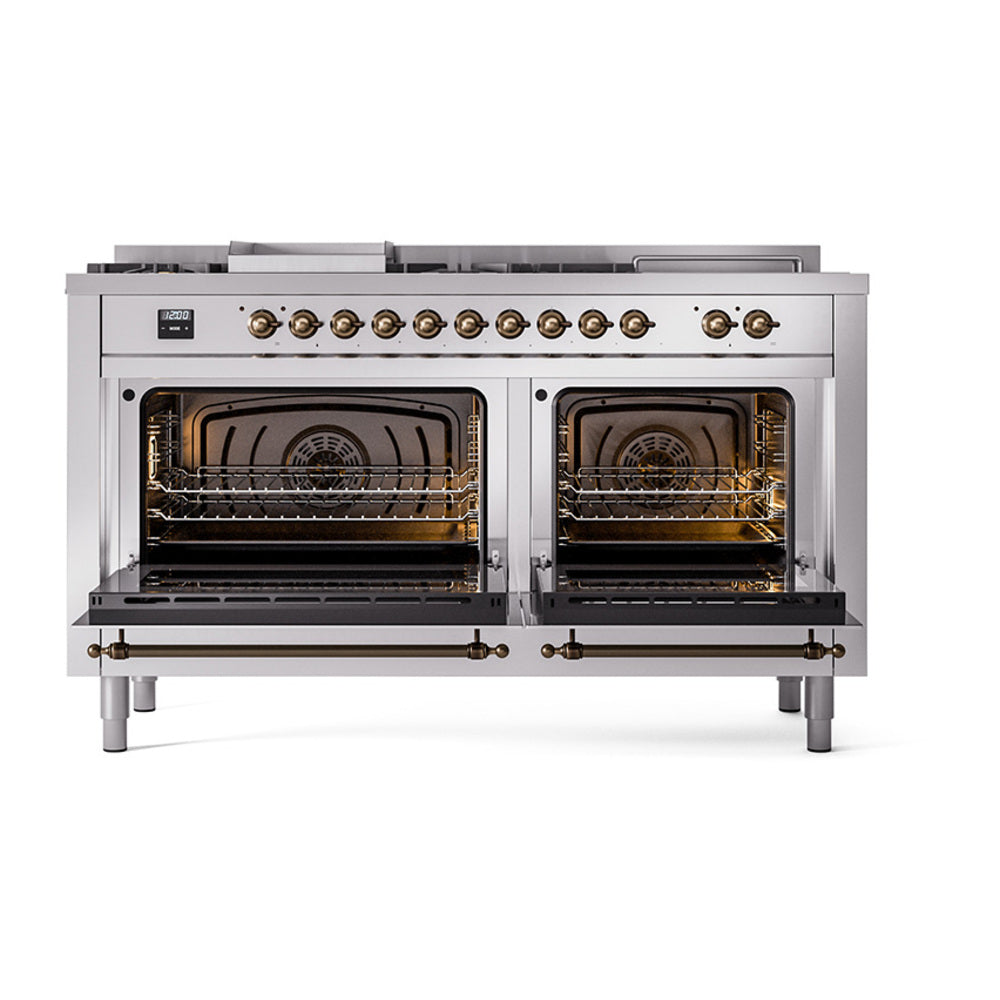 ILVE Nostalgie II Noblesse 60-Inch Natural Gas Dual Fuel Range, 7 Burners, Griddle, Stainless Steel with Burnished Bronze Trim (UN60FSQNMPSSB)