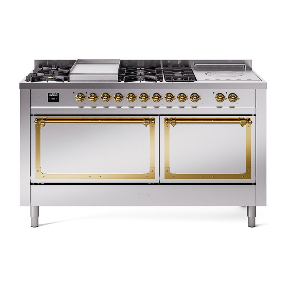 ILVE Nostalgie II Noblesse 60-Inch Natural Gas Dual Fuel Range, 7 Burners, French Top, Stainless Steel with Brass Trim (UN60FSQNMPSSG)
