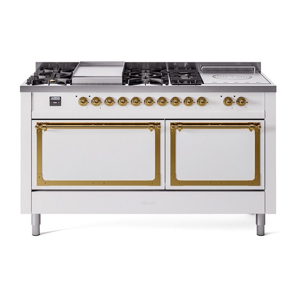 ILVE Nostalgie II Noblesse 60-Inch Natural Gas Dual Fuel Range, 7 Burners, French Top, White with Brass Trim (UN60FSQNMPWHG)