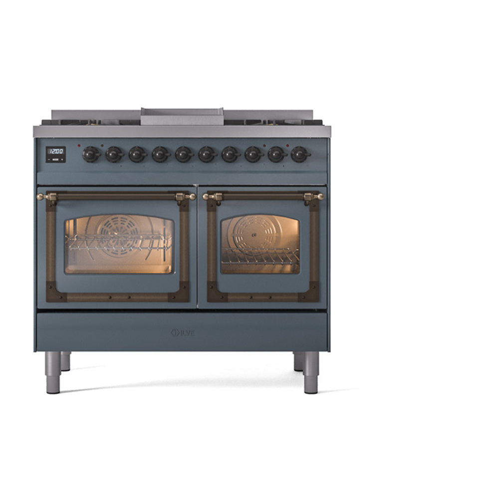 ILVE Nostalgie II Noblesse 40-Inch Natural Gas Dual Fuel Range, Triple Glass Door, Blue Grey with Bronze Trim (UND40FNMPBGB)