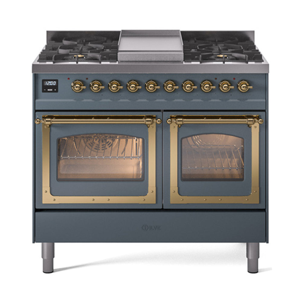 ILVE Nostalgie II Noblesse 40-Inch Natural Gas Dual Fuel Range, Triple Glass Door, Blue Grey with Brass Trim (UND40FNMPBGG)