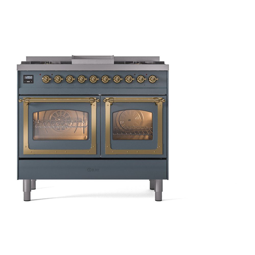 ILVE Nostalgie II Noblesse 40-Inch Natural Gas Dual Fuel Range, Triple Glass Door, Blue Grey with Brass Trim (UND40FNMPBGG)