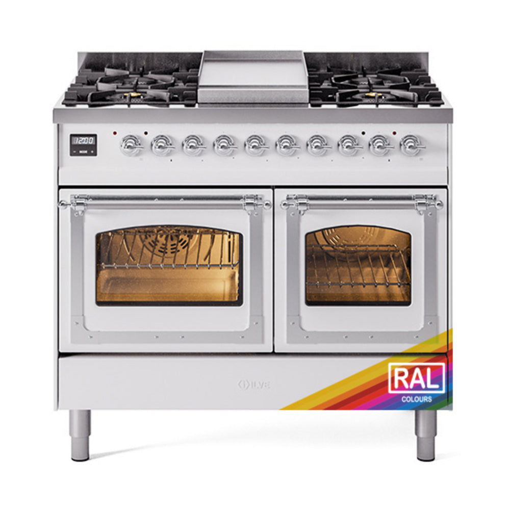 ILVE Nostalgie II Noblesse 40-Inch Natural Gas Dual Fuel Range, Triple Glass Door, Custom RAL with Chrome Trim (UND40FNMPRAC)