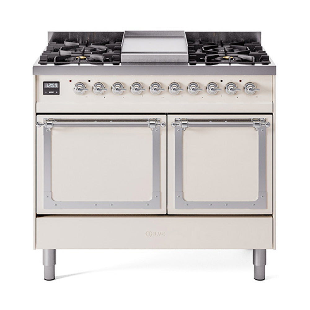 ILVE Nostalgie II Noblesse 40-Inch Propane Dual Fuel Range, Solid Door, Antique White with Chrome Trim (UND40FQNMPAWCLP)