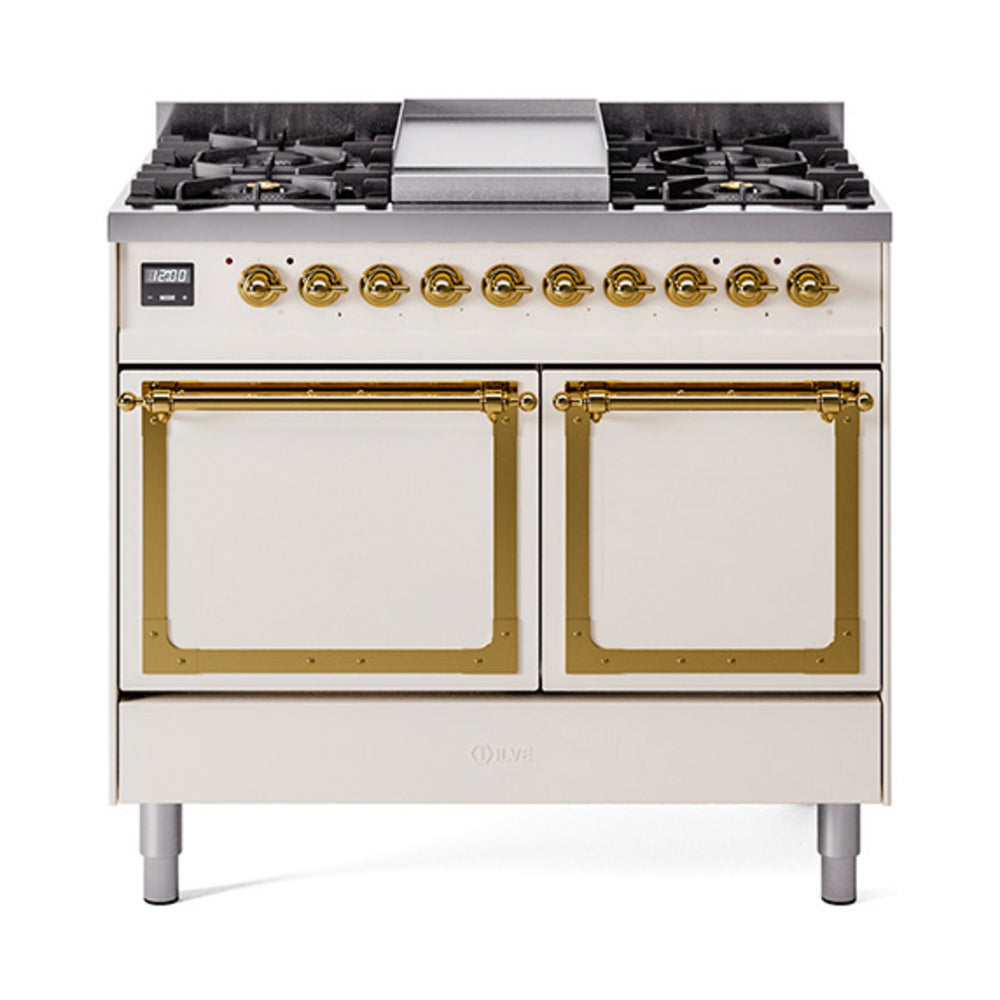 ILVE Nostalgie II Noblesse 40-Inch Natural Gas Dual Fuel Range, Solid Door, Antique White with Brass Trim (UND40FQNMPAWG)