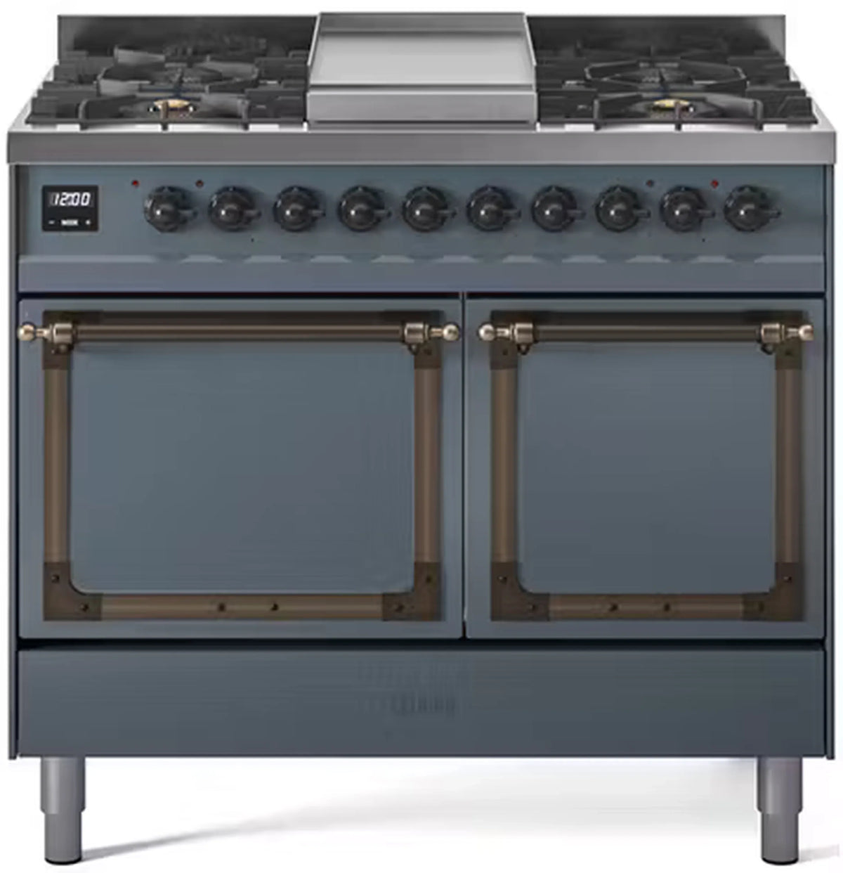 ILVE Nostalgie II Noblesse 40-Inch Natural Gas Dual Fuel Range, Solid Door, Blue Grey with Bronze Trim (UND40FQNMPBGB)