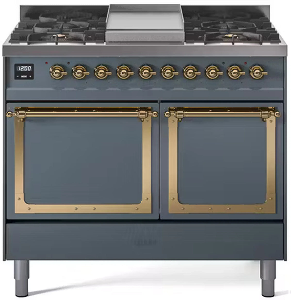 ILVE Nostalgie II Noblesse 40-Inch Natural Gas Dual Fuel Range, Solid Door, Blue Grey with Brass Trim (UND40FQNMPBGG)