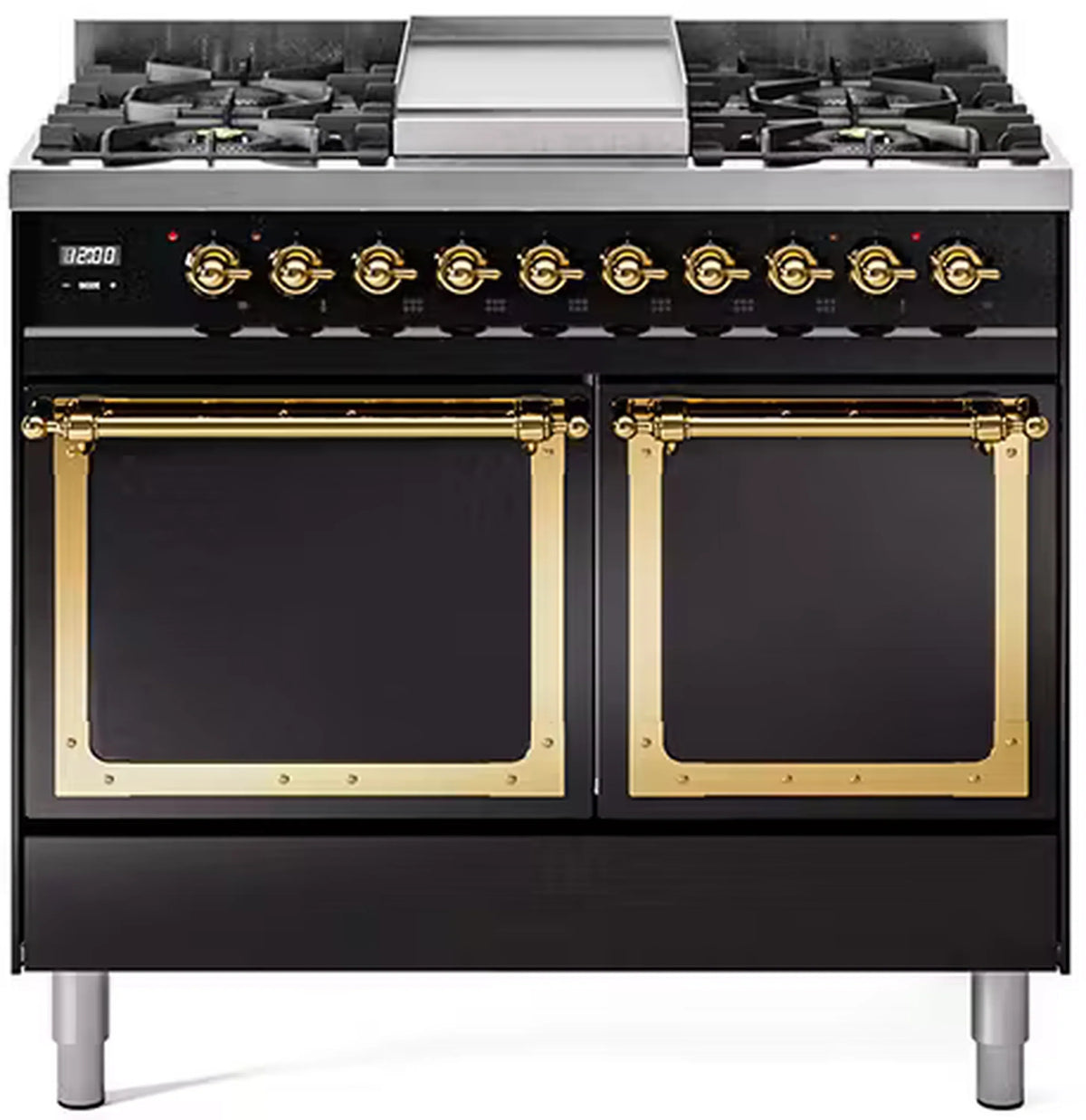 ILVE Nostalgie II Noblesse 40-Inch Natural Gas Dual Fuel Range, Solid Door, Glossy Black with Brass Trim (UND40FQNMPBKG)