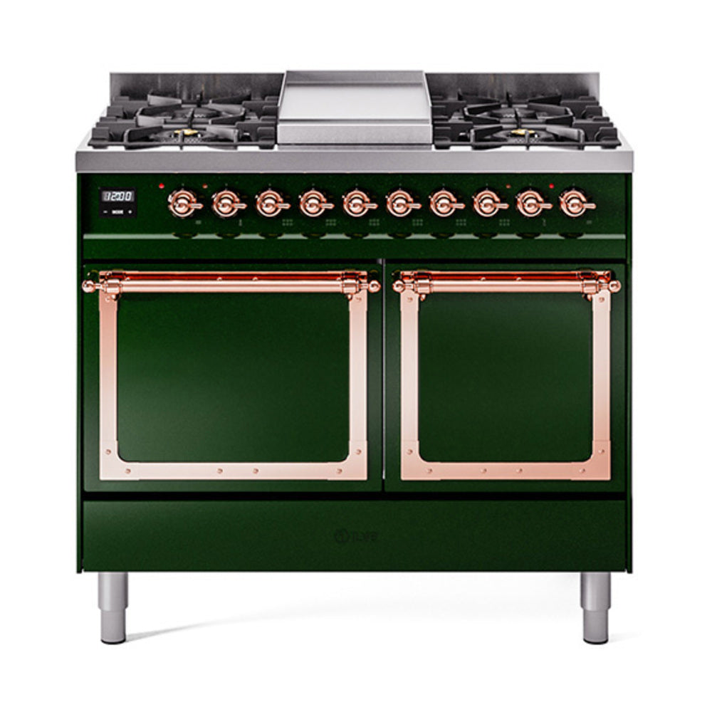 ILVE Nostalgie II Noblesse 40-Inch Propane Dual Fuel Range, Solid Door, Emerald Green with Copper Trim (UND40FQNMPEGPLP)