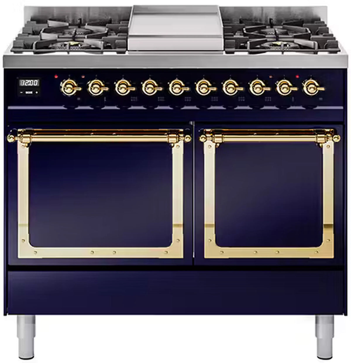 ILVE Nostalgie II Noblesse 40-Inch Natural Gas Dual Fuel Range, Solid Door, Midnight Blue with Brass Trim (UND40FQNMPMBG)