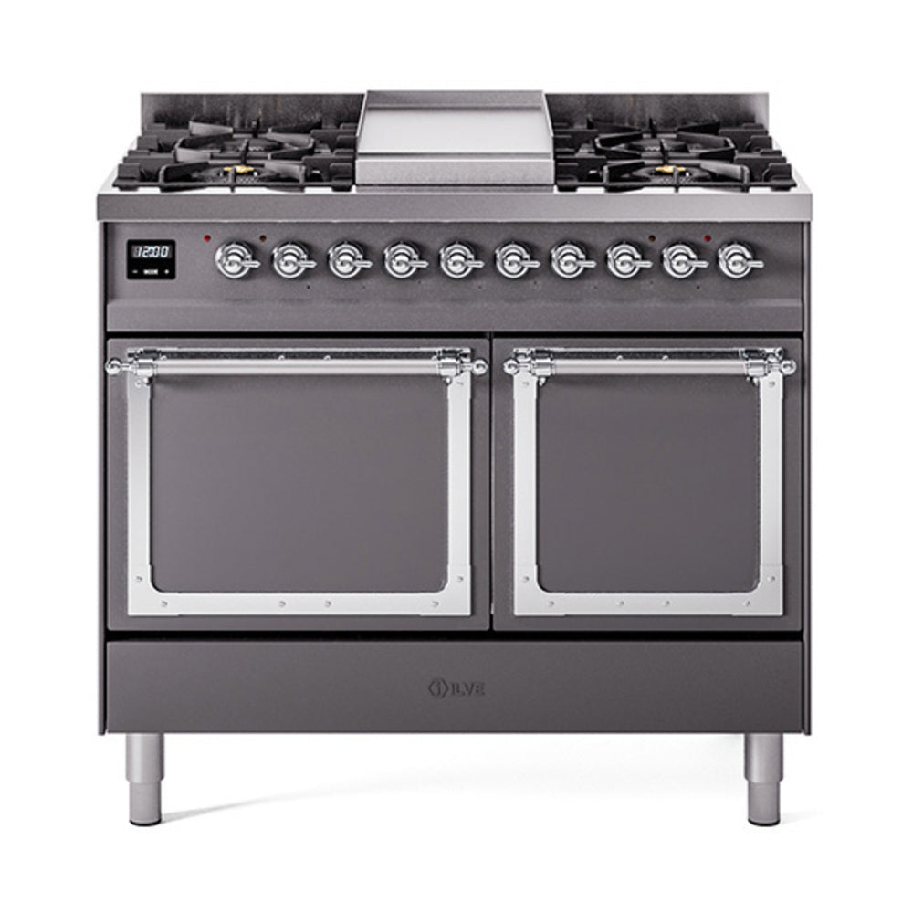 ILVE Nostalgie II Noblesse 40-Inch Natural Gas Dual Fuel Range, Solid Door, Matte Graphite with Chrome Trim (UND40FQNMPMGC)