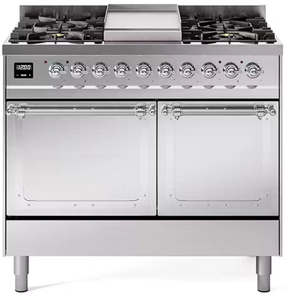 ILVE Nostalgie II Noblesse 40-Inch Natural Gas Dual Fuel Range, Solid Door, Stainless Steel with Chrome Trim (UND40FQNMPSSC)