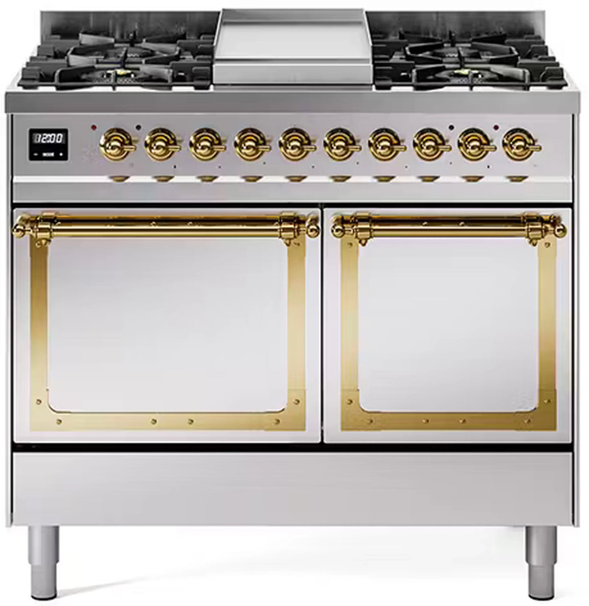 ILVE Nostalgie II Noblesse 40-Inch Propane Dual Fuel Range, Solid Door, Stainless Steel with Brass Trim (UND40FQNMPSSGLP)