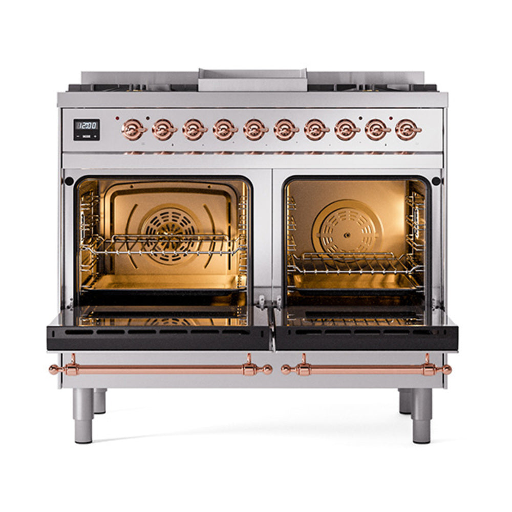 ILVE Nostalgie II Noblesse 40-Inch Natural Gas Dual Fuel Range, Solid Door, Stainless Steel with Copper Trim (UND40FQNMPSSP)