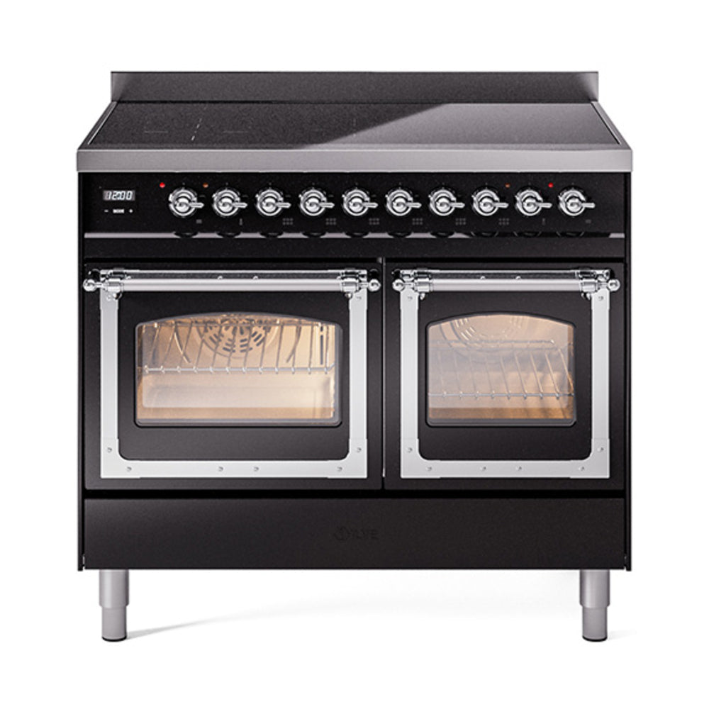 ILVE Nostalgie II Noblesse 40-Inch Induction Range, Triple Glass Door, Glossy Black with Chrome Trim (UNDI406NMPBKC)