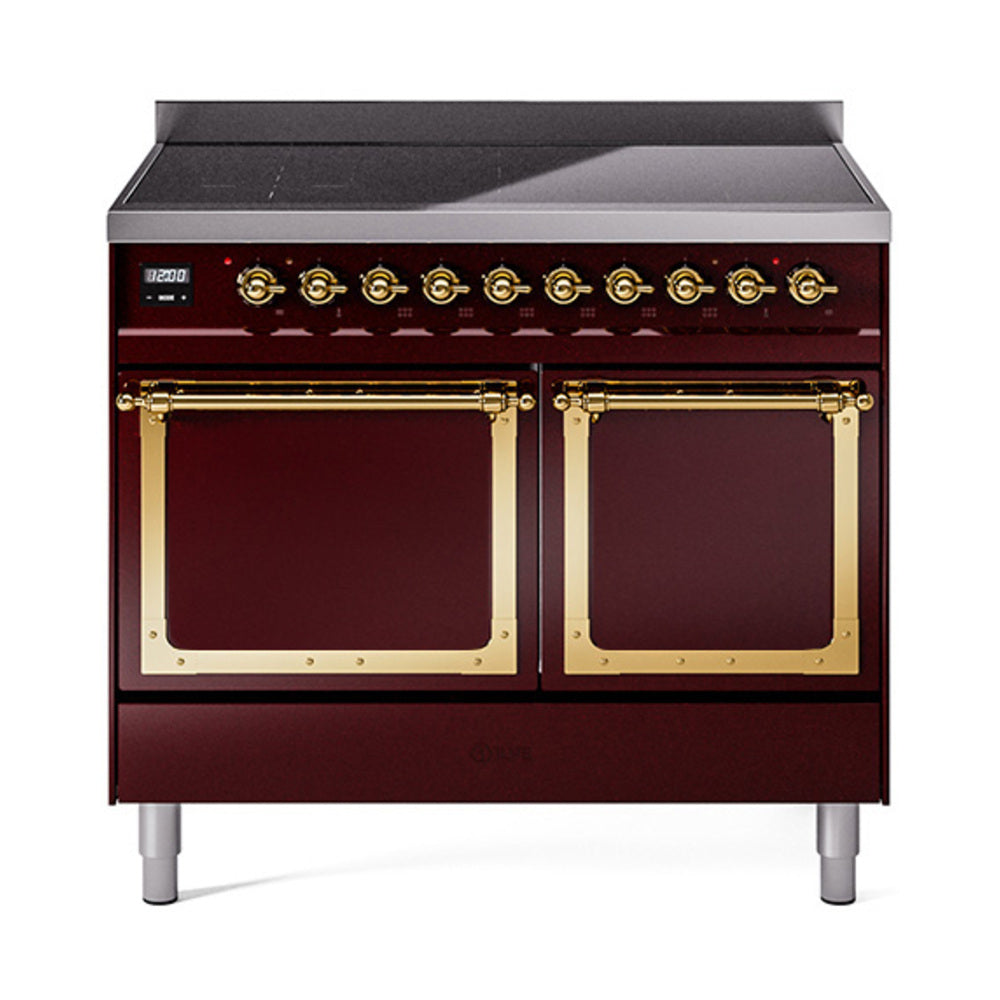 ILVE Nostalgie II Noblesse 40-Inch Induction Range, Solid Door Oven, Burgundy with Brass Trim (UNDI406QNMPBUG)