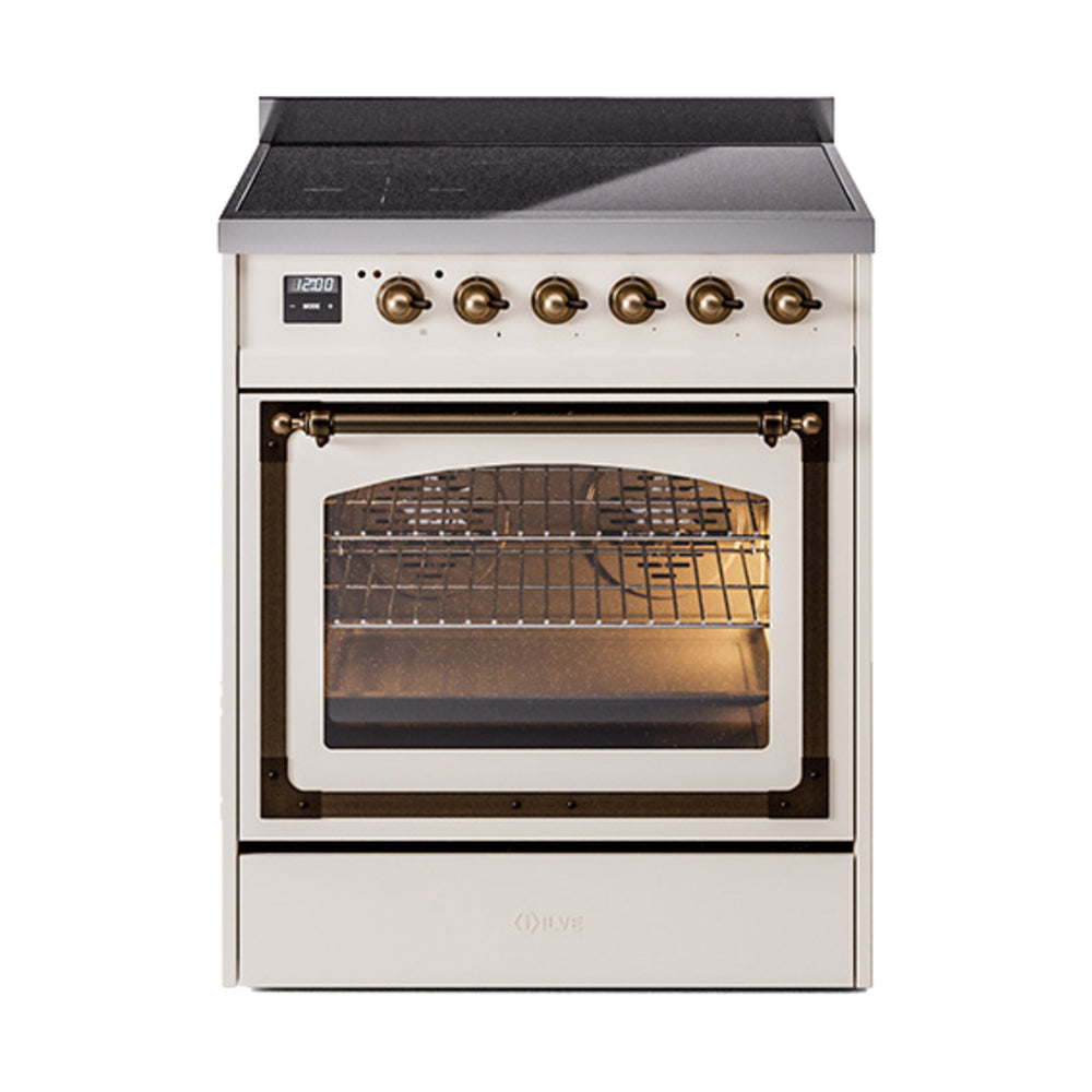ILVE Nostalgie II Noblesse 30-Inch Induction Range, Triple Glass Door Oven, Antique White with Burnished Bronze Trim (UNI304NMPAWB)