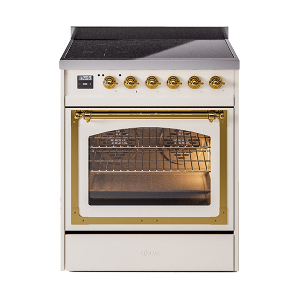 ILVE Nostalgie II Noblesse 30-Inch Induction Range, Triple Glass Door Oven, Antique White with Brass Trim (UNI304NMPAWG)