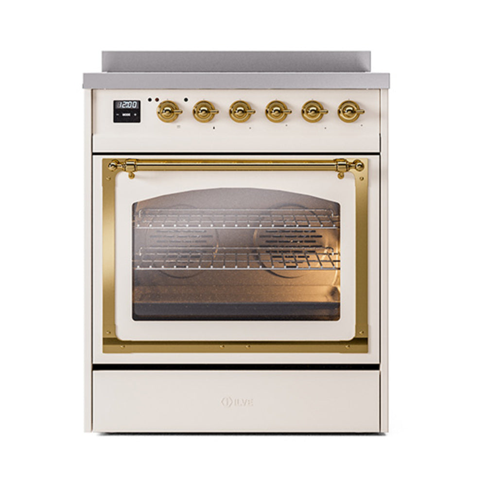 ILVE Nostalgie II Noblesse 30-Inch Induction Range, Triple Glass Door Oven, Antique White with Brass Trim (UNI304NMPAWG)
