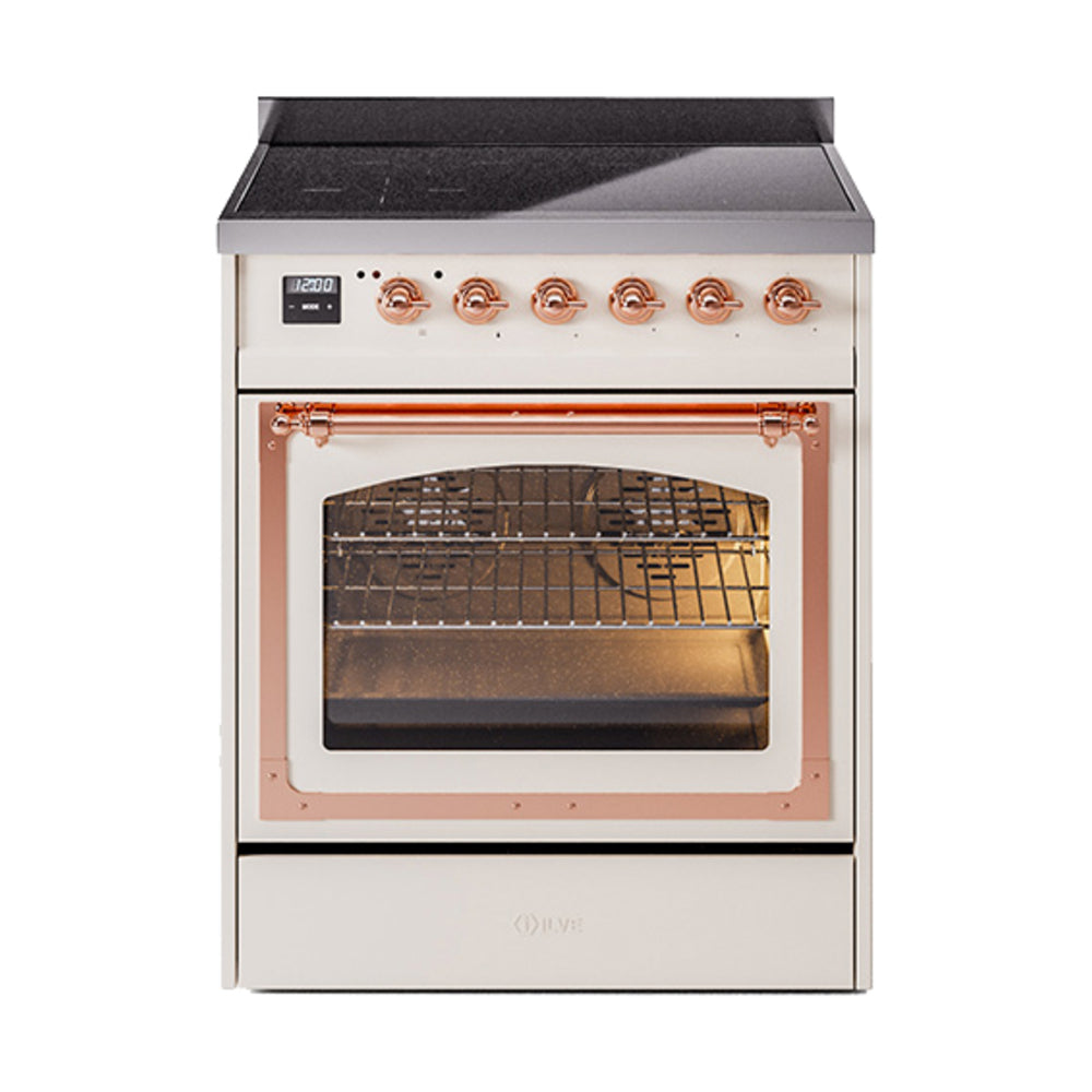 ILVE Nostalgie II Noblesse 30-Inch Induction Range, Triple Glass Door Oven, Antique White with Copper Trim (UNI304NMPAWP)