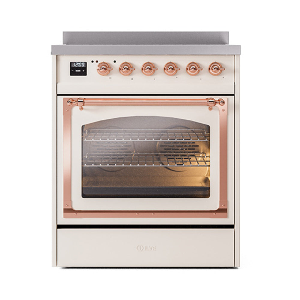 ILVE Nostalgie II Noblesse 30-Inch Induction Range, Triple Glass Door Oven, Antique White with Copper Trim (UNI304NMPAWP)