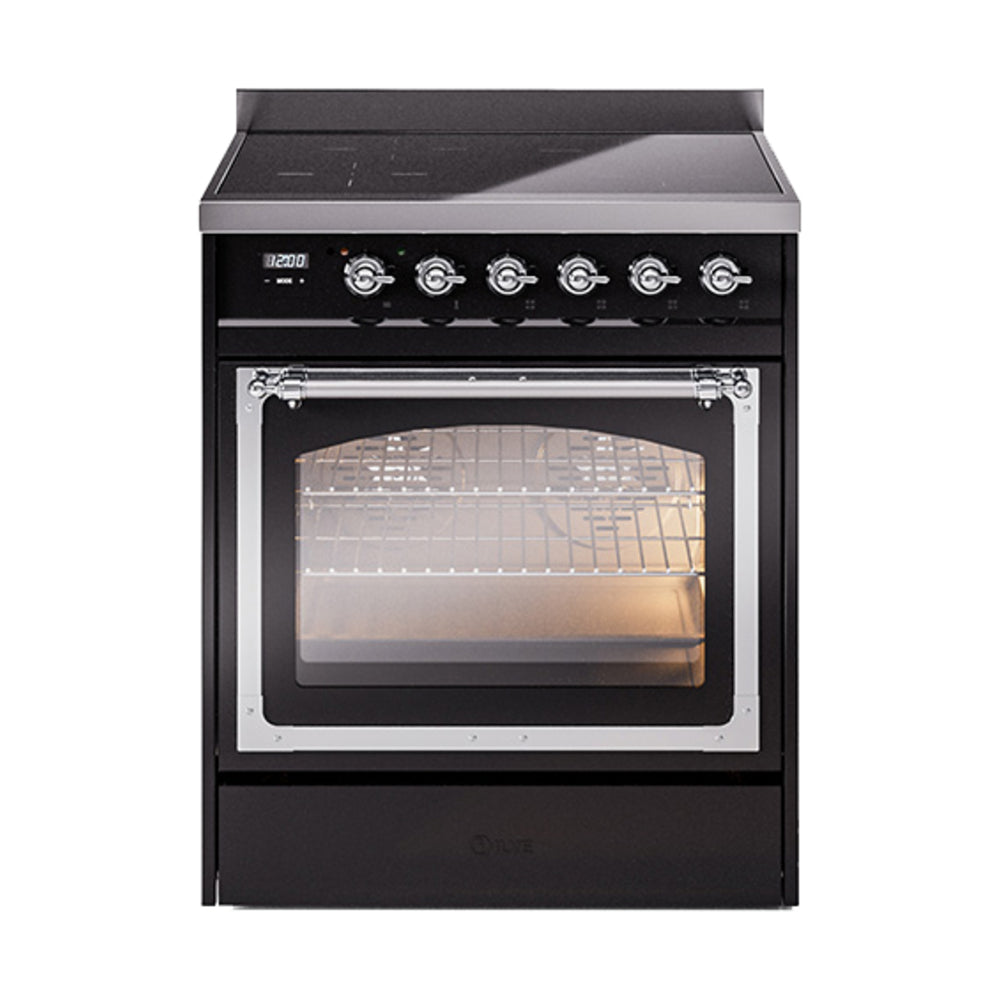 ILVE Nostalgie II Noblesse 30-Inch Induction Range, Triple Glass Door Oven, Glossy Black with Chrome Trim (UNI304NMPBKC)