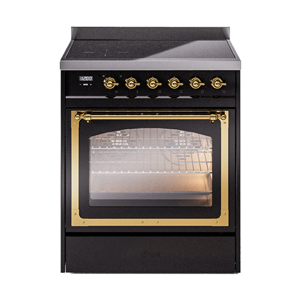 ILVE Nostalgie II Noblesse 30-Inch Induction Range, Triple Glass Door Oven, Glossy Black with Brass Trim (UNI304NMPBKG)