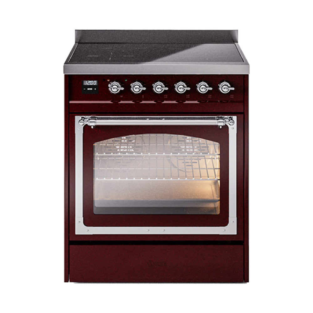 ILVE Nostalgie II Noblesse 30-Inch Induction Range, Triple Glass Door Oven, Burgundy with Chrome Trim (UNI304NMPBUC)